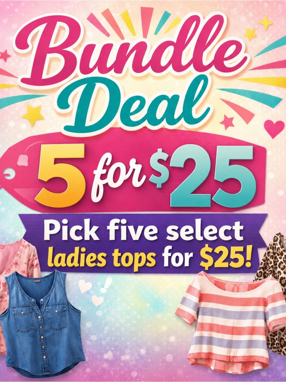 Bundle Deal 5 for $25 - Ladies Tops Assorted Variety